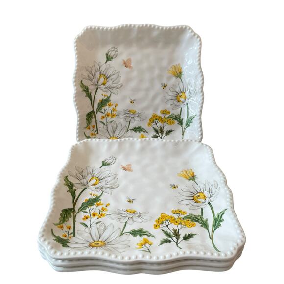 MAXCERA Spring Easter Bee Butterfly Daisy Square Dinner Plates Set of 4 New - Picture 15 of 15